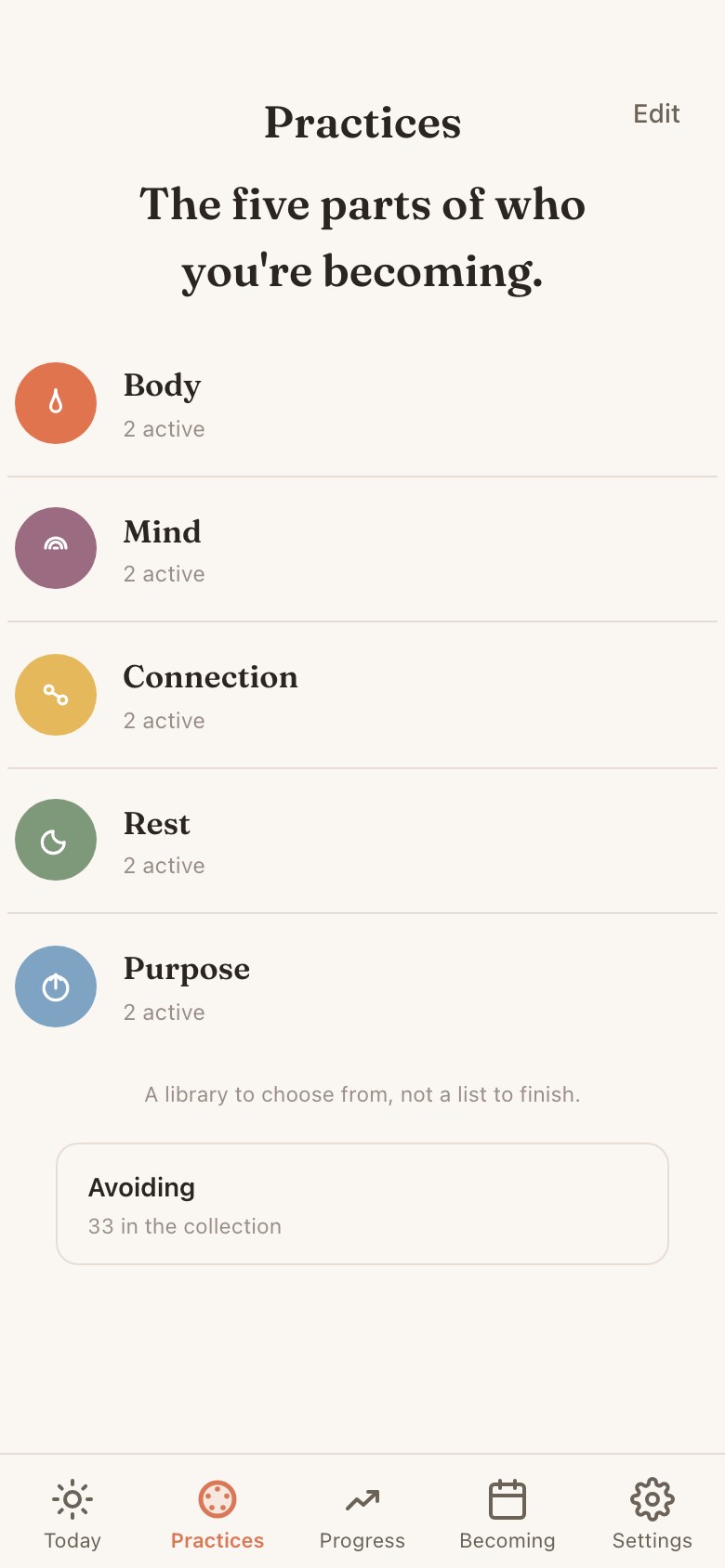 The Practices screen: Body, Mind, Connection, Rest and Purpose, each with two active practices, above an Avoiding collection.