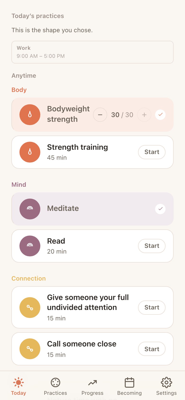 Today, scrolled to the practice list: Bodyweight strength and Meditate completed and tinted their dimension colour, with Strength training, Read and others still open.